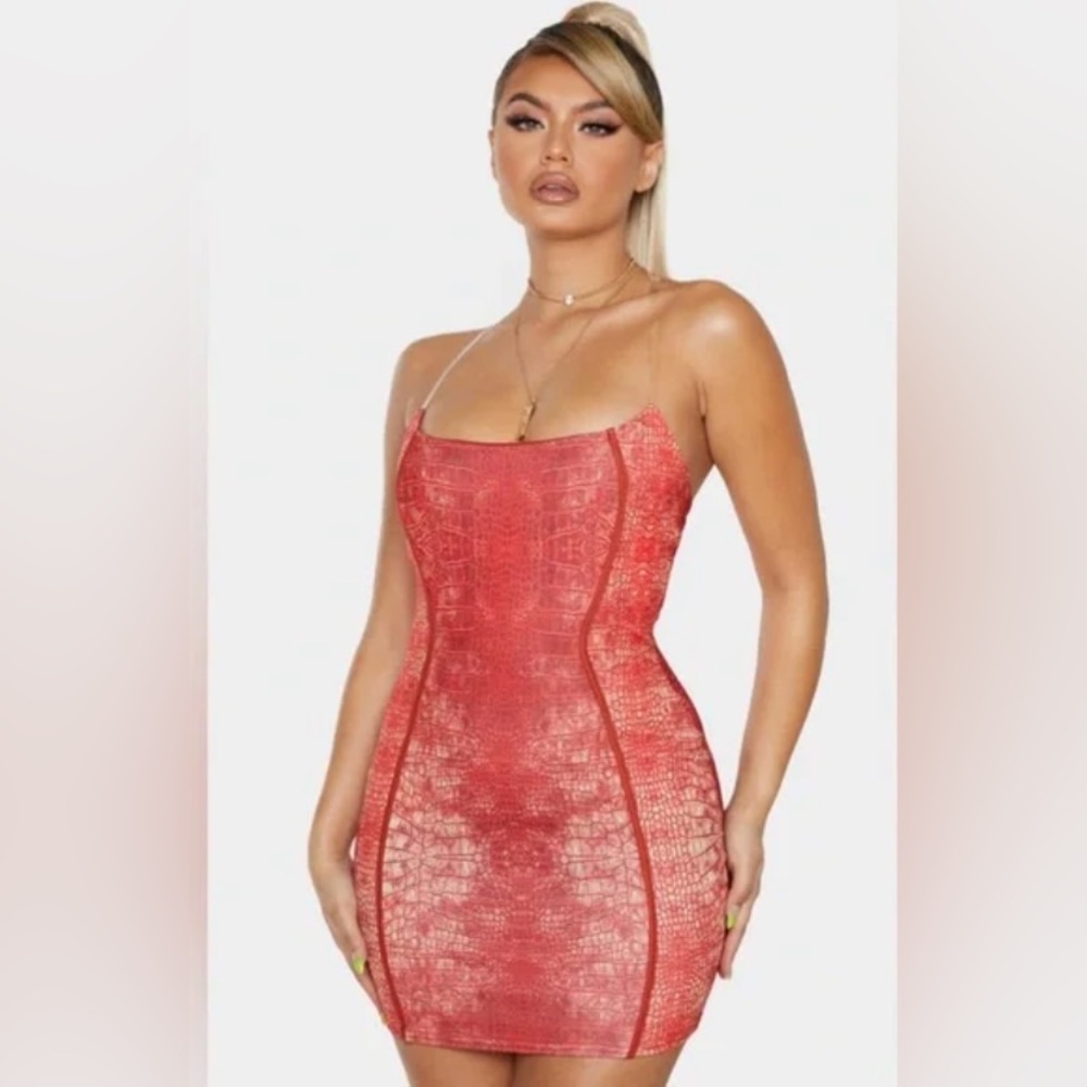 PrettyLitteThing Red Snake Print Dress with Clear Strap (Bodycon)